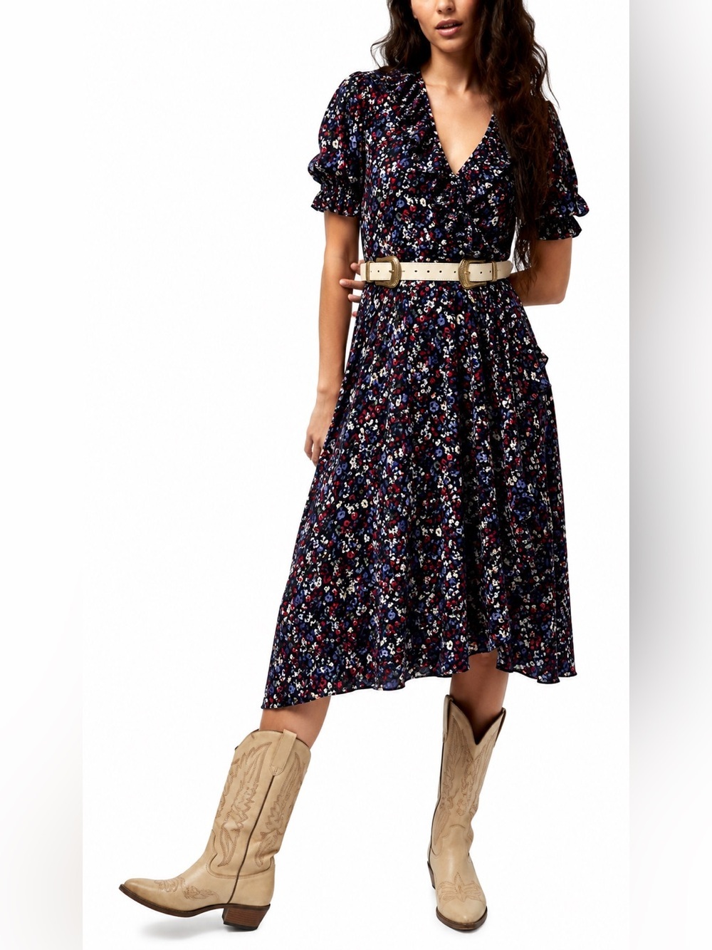 Buffalo David Bitton Navy Floral Midi Dress with Multicolor Floral Print